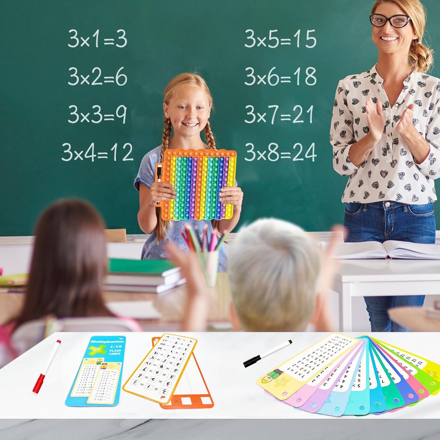 Multiplication Flash Cards + Pop Fidget Multiplication Chart, Times Table Educational Flashcard 3rd Grade, 4th, 5th, 6th Grade