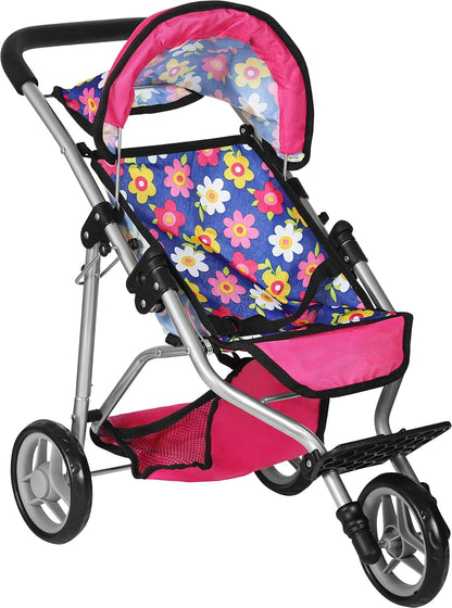 Fash N Kolor - Baby Doll Stroller with Adjustable Canopy & Toy Storage Basket - Foldable Baby Stroller for Pretend Play - Denim Pink,