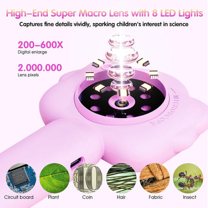 Microscope for Kids, Kids Microscope with Sample Slide, Educational Science Kit, Macro Fixed Focus Kid Mini Microscopes 500x Magnification, 32GB SD Card Include(Purple)