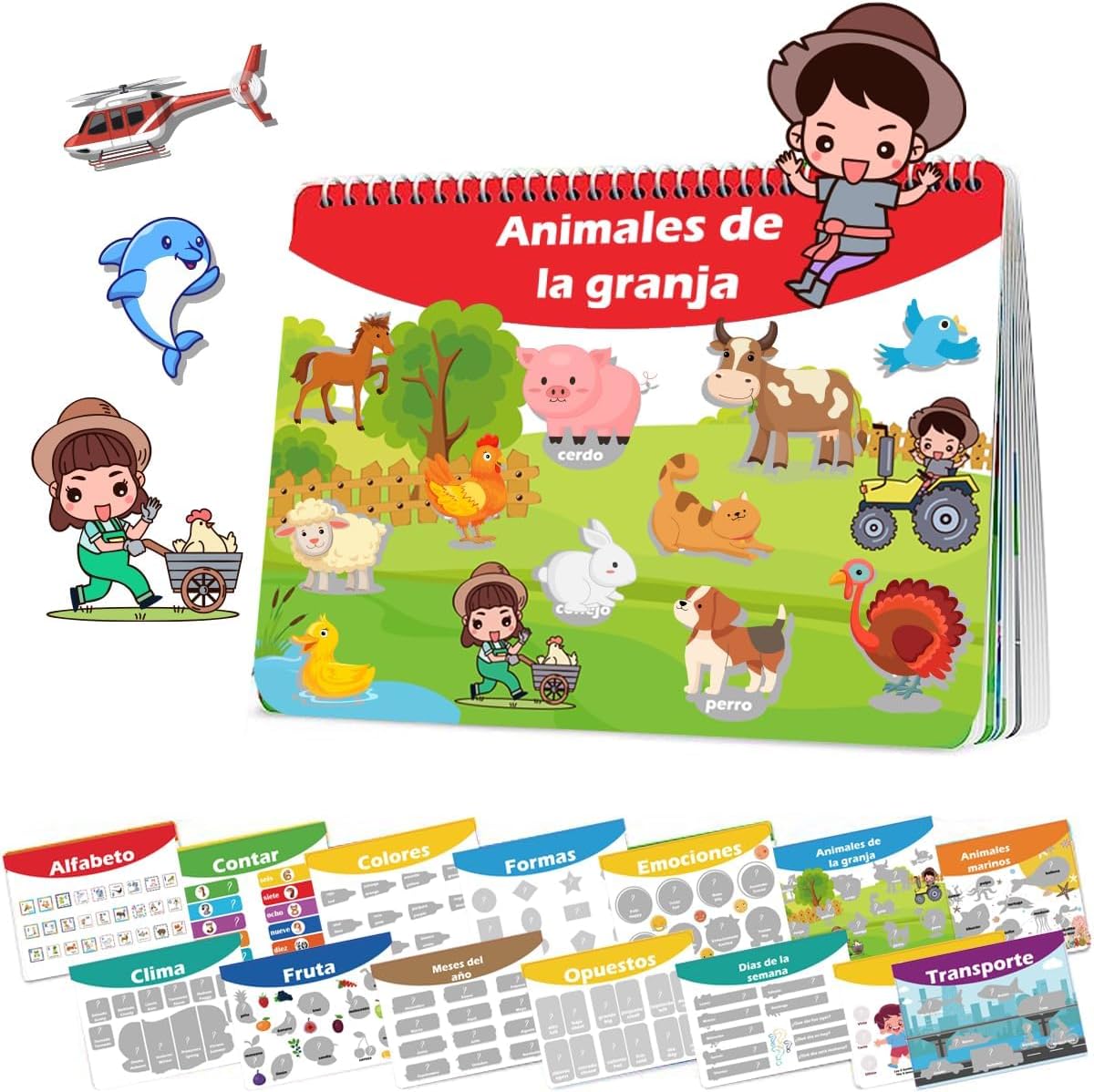 Spanish Busy Book for Toddlers, Montessori Preschool Learning Activities, 14 Bilingual Themes (English/Spanish) – Quiet Book for Kids, Educational Travel Toys