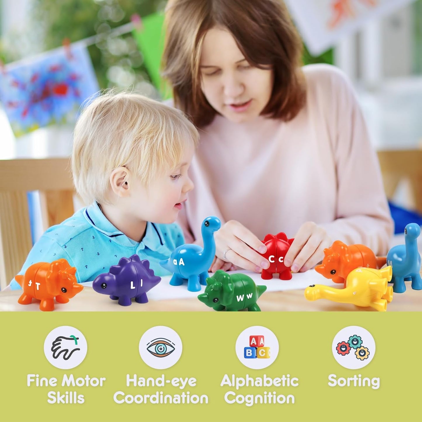 Montessori Matching Dinosaurs Toy, Color and Shapes Recognition, Snap and Pattern Match Game Preschool Learning Toys Homeschooling Class Activity Teaching Tool, Birthday Gift for Kids boys & Girls