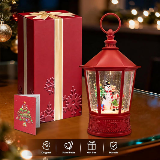 Christmas Lantern Snow Globe, Lighted Musical Snowman Lantern with Swirling Glitter, 10.5'' Christmas Snowing Lantern, USB & Battery Operated with Timer, Vintage Holiday Tabletop Decor