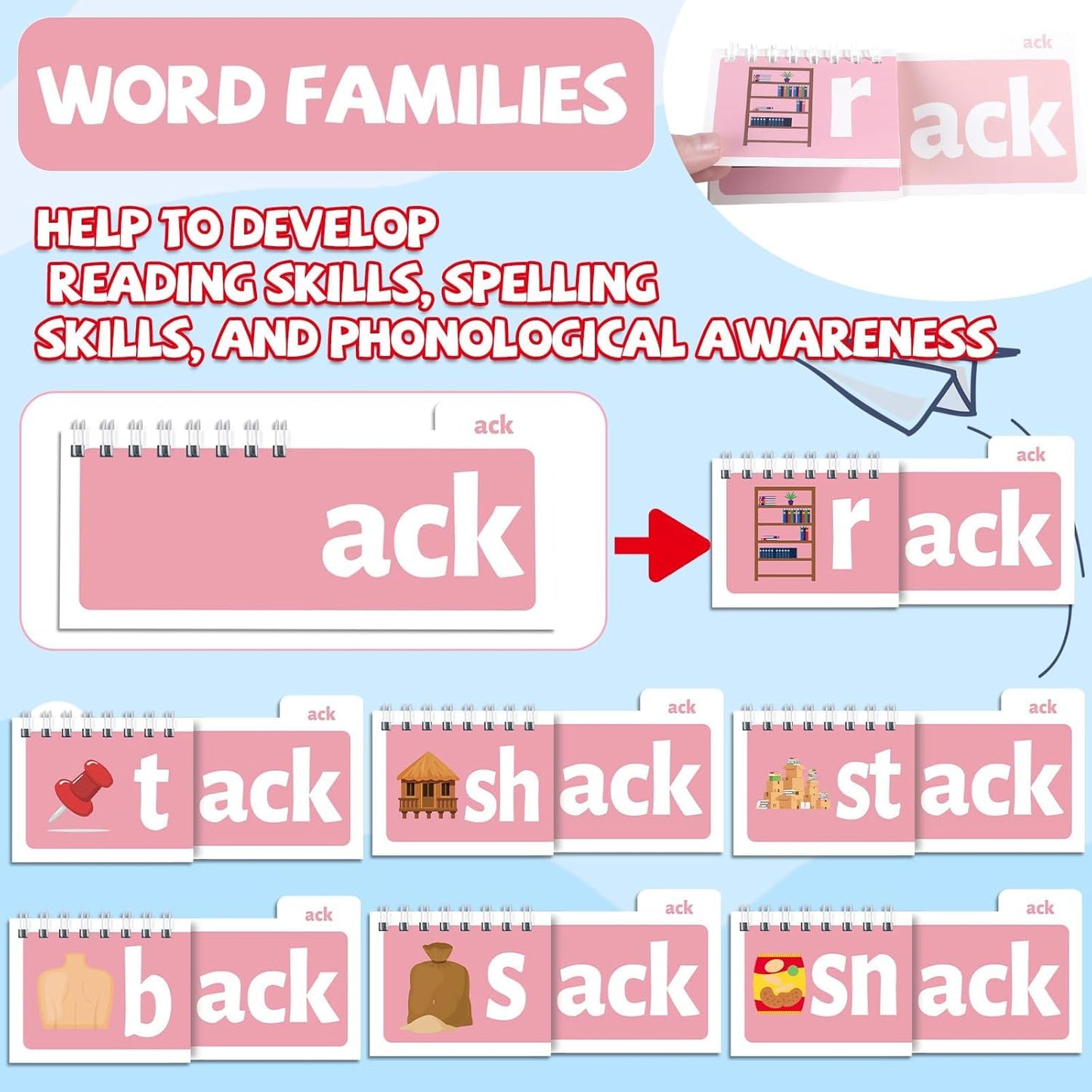 party greeting 48 Word Family Build Book Read and Rhyme Flip Activity Book ABC Vocabulary Flash Cards Kindergarten Sight Word Learning Activities Learn to Read Games for Kids Homeschool Supplies