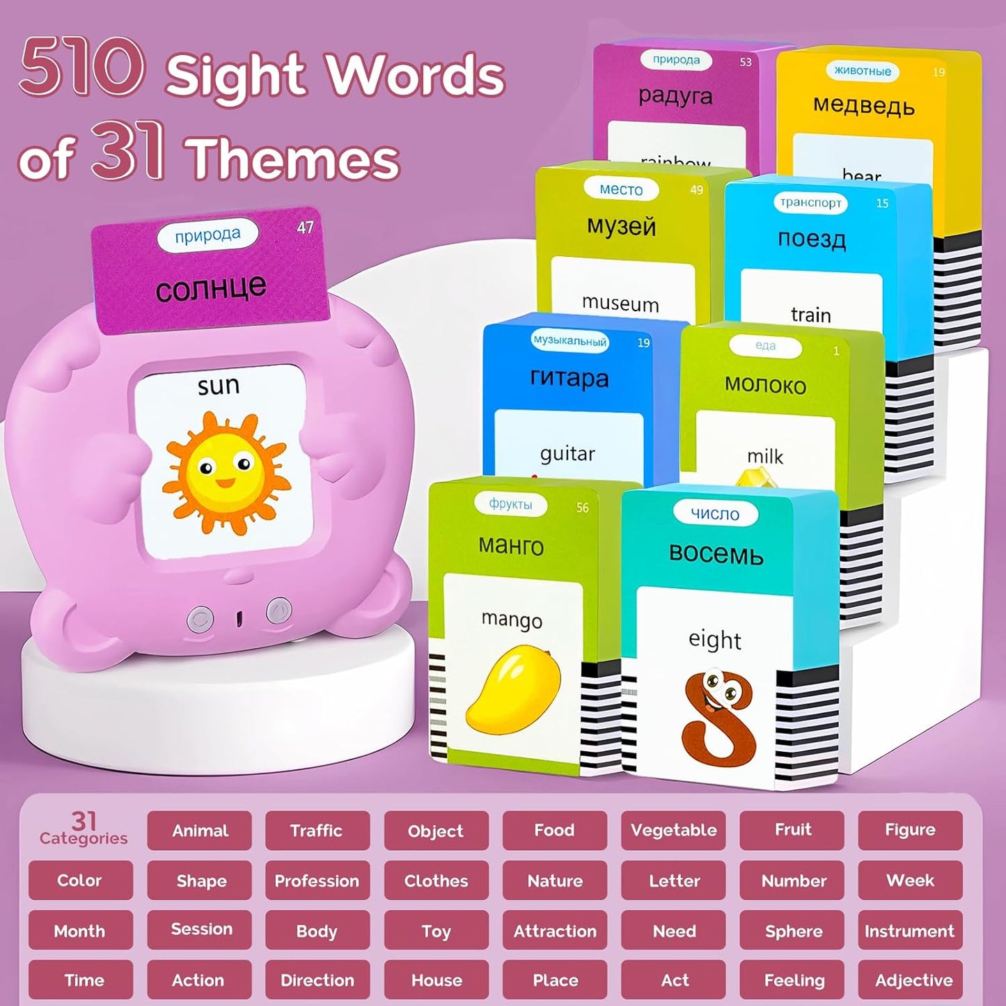 Bilingual English Flash Cards - Korean Talking Flash Cards, 510 Sight Words 31 Themes, Pocket Speech for Toddlers 3-12, Autism Sensory Toys, Preschool Learning Activity (Korean, Pink)
