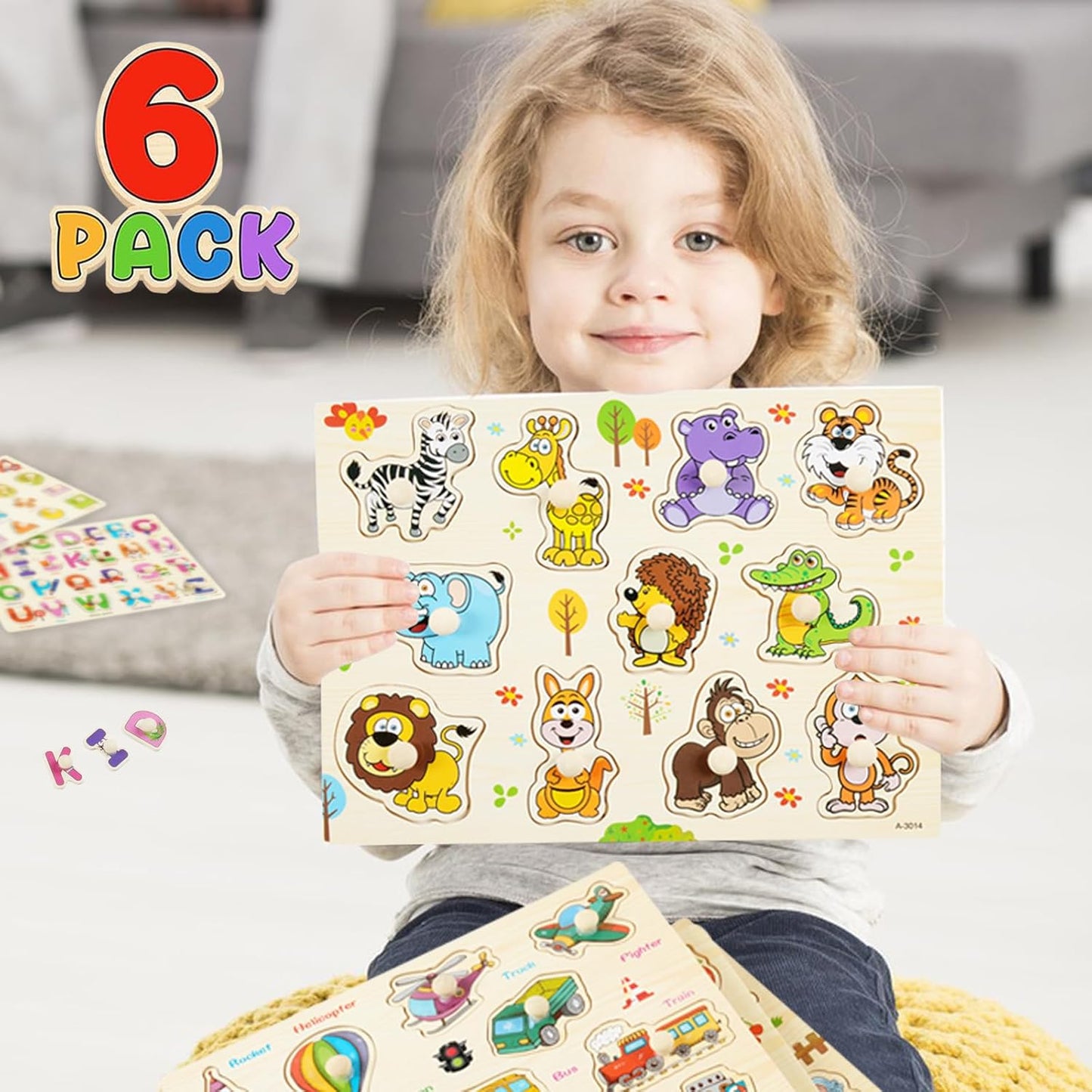 Wooden Peg Puzzles for Toddlers, 6 Pack Toddler Puzzles Set for 3 4 5 Years Old, Preschool Education Learning Puzzle Toys for Girls and Boys (Alphabet Number Animal Vehicle Fruit Occupation)