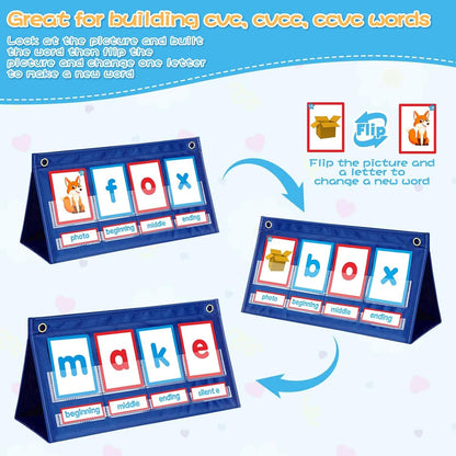CVC Words Phonics Pocket Chart, Kids Interactive Learning Tool Word Builder for Classroom and Home Use