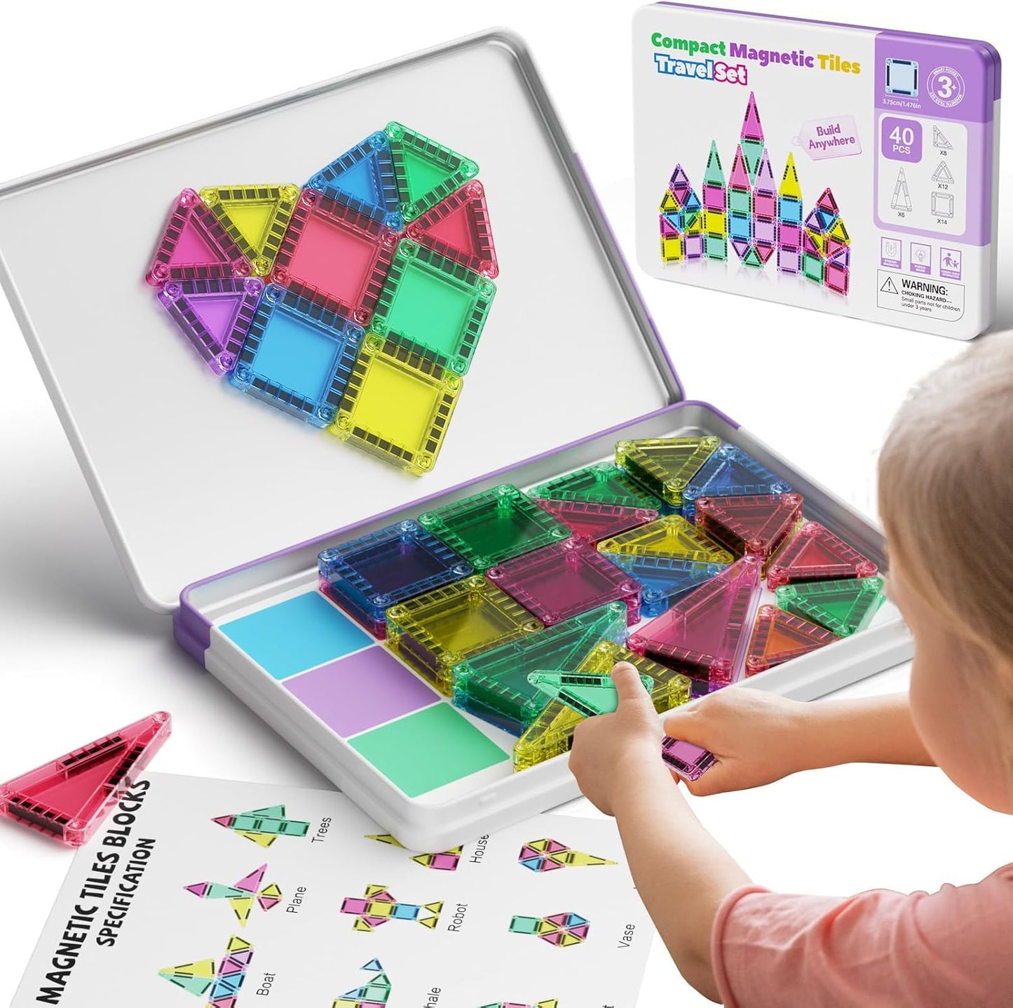 Mini Magnetic Tiles 40PCS Travel Set with Iron Storage Box, Portable STEM Building Blocks for Kids 3-8, Montessori Educational Magnet Toys for Road Trip, Airplane, Car Rides & On-The-Go Play