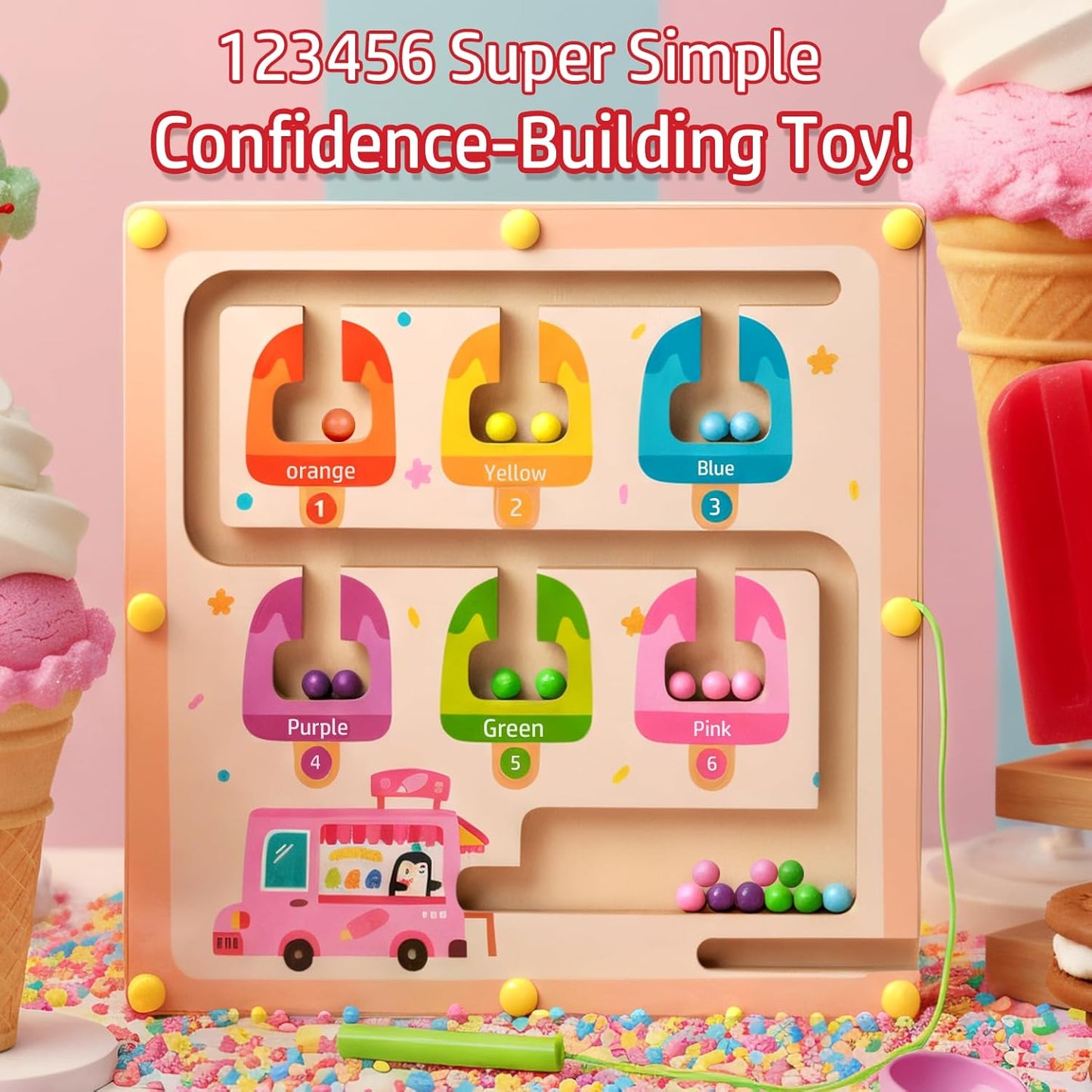 QimuMku Montessori Busy Board for Toddlers 2-4 - Magnetic Color and Number Maze Wooden Ice Cream Matching Game 1-6 Counting Learning Toys for Boys Girls Road Trip Essentials