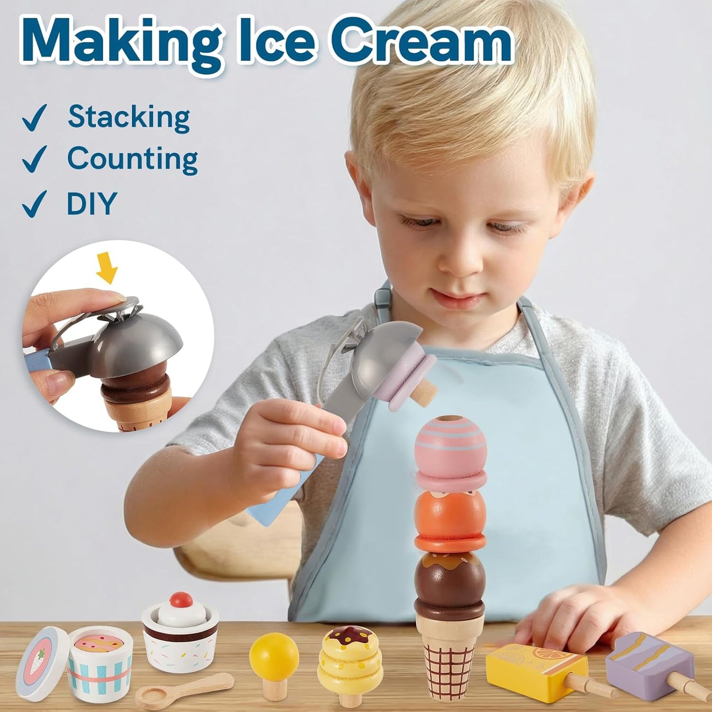HERSITY Wooden Ice Cream Counter Pretend Play Food for Toddlers 3-5, Ice Cream Shop Stand Popsicle Toy Set Gifts for 3+ 4 5 6 Year Old Girls Boys, Pink