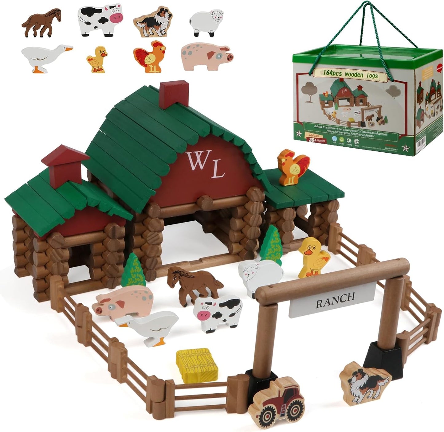 Wondertoys 208 Pcs Wooden Log Set - Classic Building Logs Ages 3+ - Best Retro Building Gift Set for Boys - Creative Construction Engineering Educational Gifts
