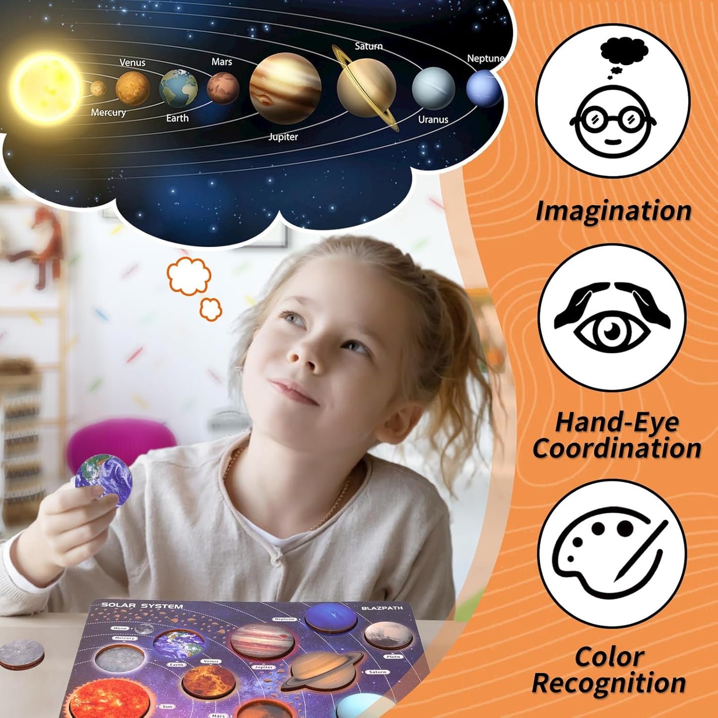 Solar System Wooden Puzzle Toys for Kids 3-5, Toddler Outer Space Montessori Planet Toys Gifts for Girls & Boys, Preschool Solar System Learning Planet Wood Puzzle Board Sensory STEM Game
