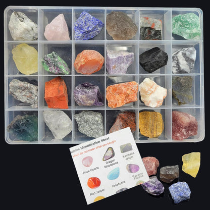 Rock & Mineral Collection Kit for Adults and Kids Natural Rocks for Tumbling Polishing Gemstone Raw Crystals Rough Stones for Wicca & Reiki (24Pcs)