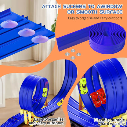16.5ft Build Anywhere Portable Race Track with Suction Cups - Flexible Roll-Up Design Fits 1/64 Scale Cars, Portable Toy Gift for Kids 4+ Year Old (3 Tracks/Red)