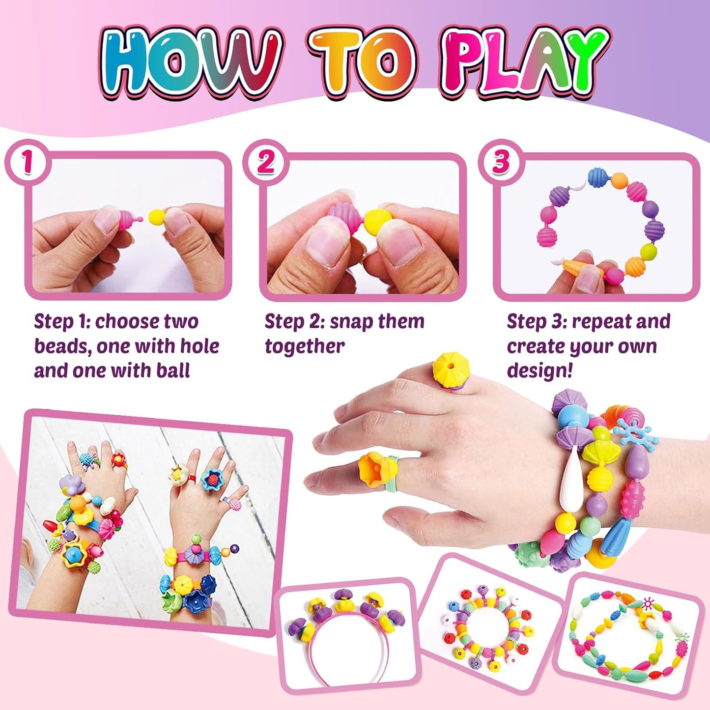 FUNZBO 520+ Snap Pop Beads - Jewelry Making Beads Charms Style Craft Kit, Arts and Crafts for Kids Ages 4-8, Toys for 3 4 5 6 7 Years Old Girls Birthday Gifts Ideas, Bracelet Necklace Ring for Girls