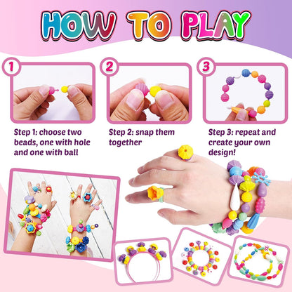 FUNZBO 520+ Snap Pop Beads - Jewelry Making Beads Charms Style Craft Kit, Arts and Crafts for Kids Ages 4-8, Toys for 3 4 5 6 7 Years Old Girls Birthday Gifts Ideas, Bracelet Necklace Ring for Girls