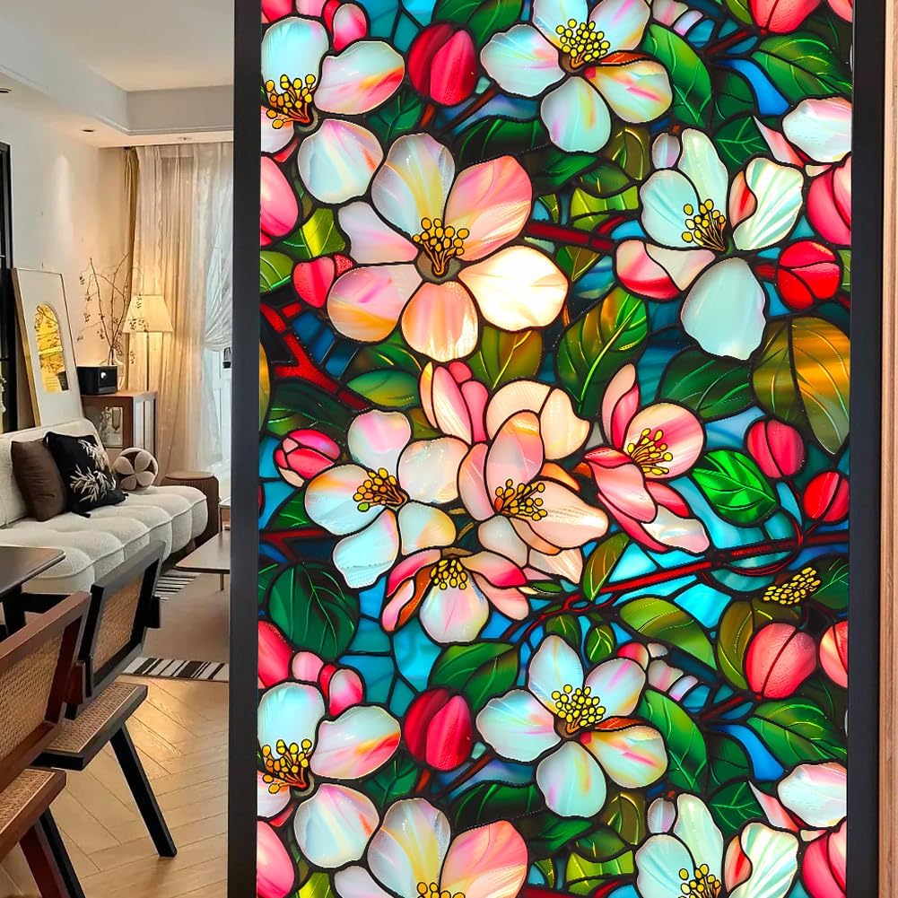 JOONOR Privacy Window Film Stained Glass Window Sticker Non-Adhesive Frosted Glass Film Decorative Magnolia Flower Pattern Static Cling Decals for Home UV Blocking/Heat Insulation 17.7 x 39.4 Inch