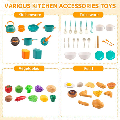 60Pcs Kids Mini Play Kitchen Accessories, Pretend Cooking Play Set with Cookware, Tableware & Fruit & BBQ Sets, Learning Gift for Boys, Girls, Toddlers,Yellow