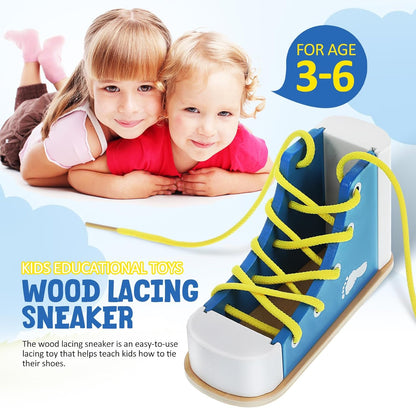 NUOBESTY Shoe Tying Practice for Kids Preschool Learning Toys Learn to Tie Shoes Tying Practice Board Early Educational Developmental Wooden Toy Toddler 2pcs