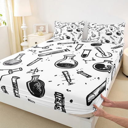 Chemistry Bed Sheets for Kids Teens Girls Boys,Chemical Experiment Fitted Sheet Twin,Science Themed Sheets for Math Lovers,Chemistry Lab Bedding Set,White and Black