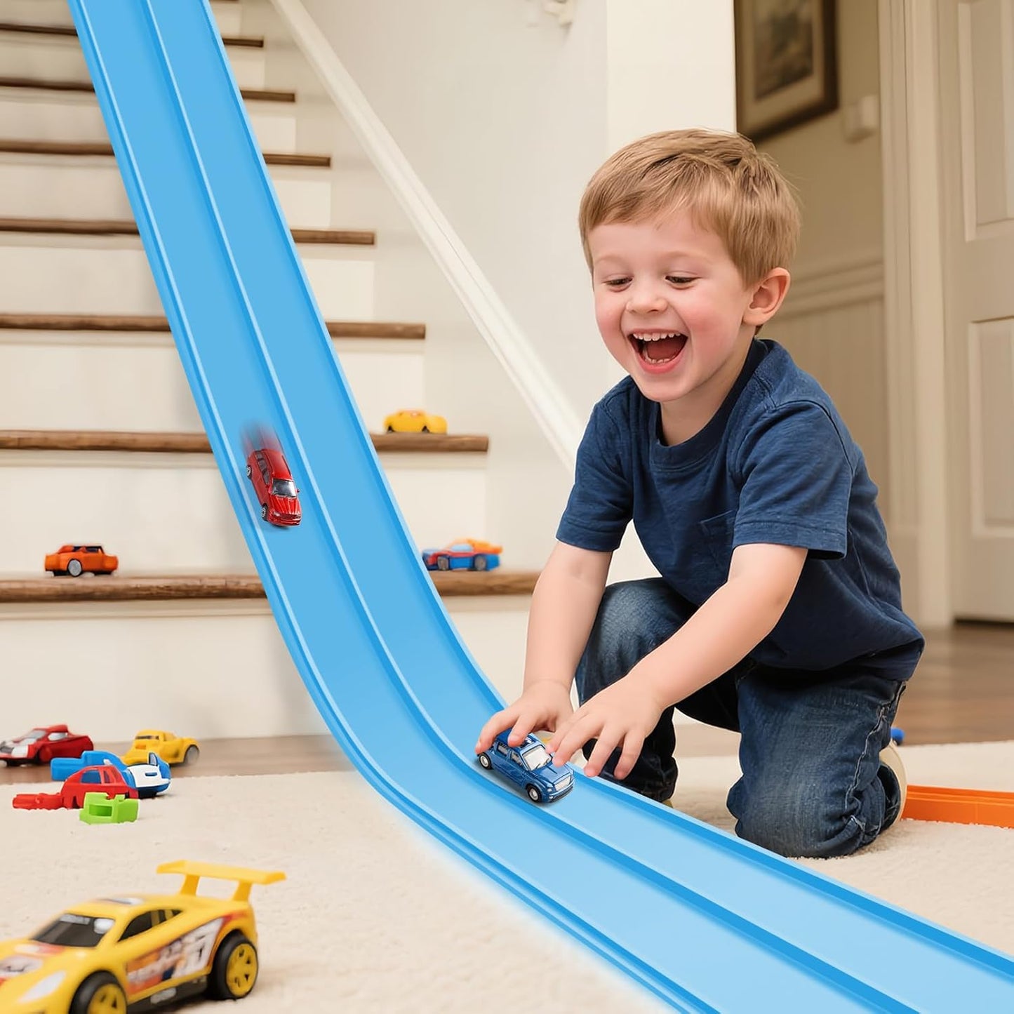 Flex Tracks 15 Ft Starter Set Flexible Race Track for Kids 3+, Flexible Car Track Race Car Ramp Track Compatible with Diecast 1/64th Cars, Portable Rolls Up Race Tracks with Strong Suction Cups