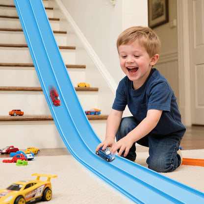 Flex Tracks 15 Ft Starter Set Flexible Race Track for Kids 3+, Flexible Car Track Race Car Ramp Track Compatible with Diecast 1/64th Cars, Portable Rolls Up Race Tracks with Strong Suction Cups