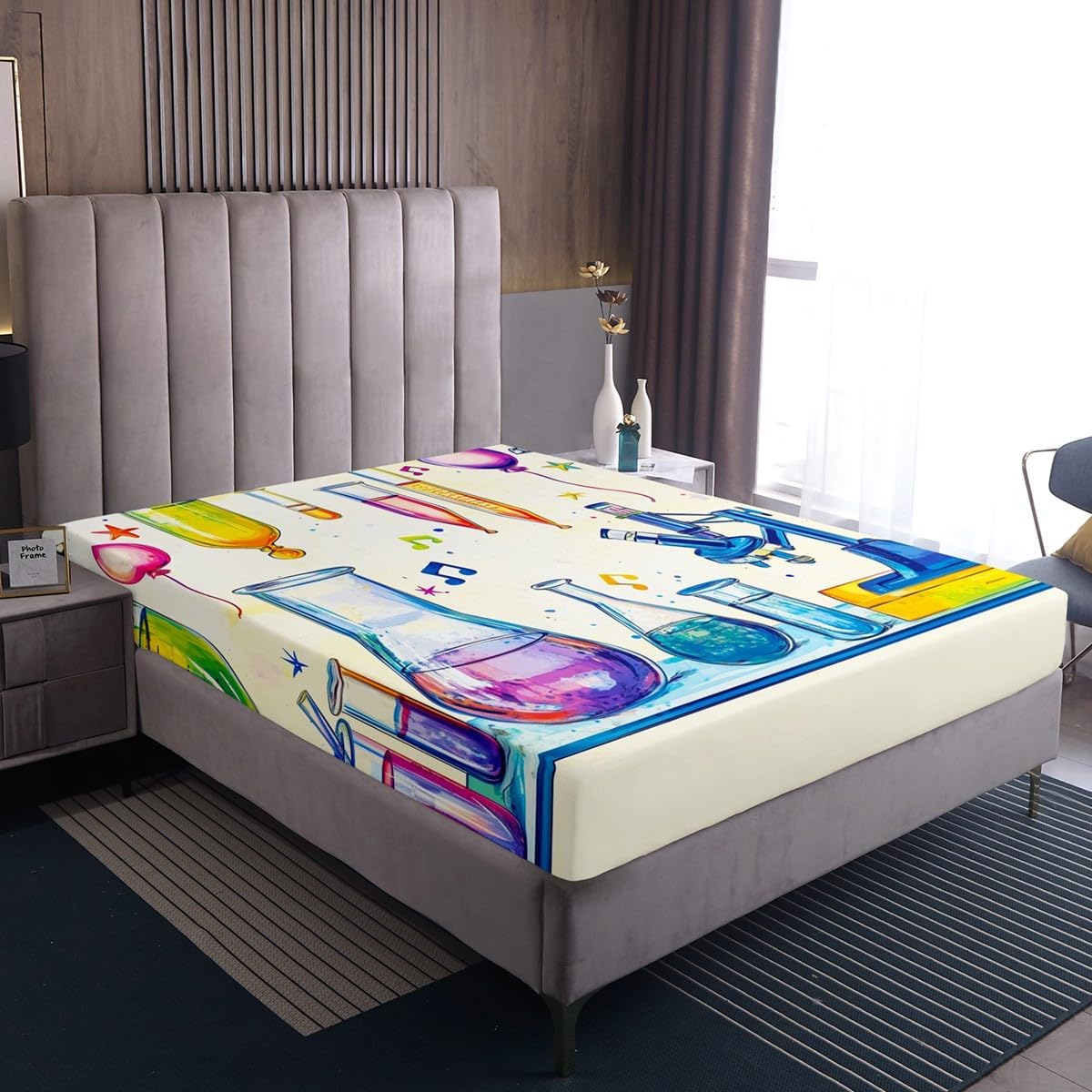 Chemistry Bed Sheets for Kids Teens Girls Boys,Chemical Experiment Fitted Sheet Twin,Science Themed Sheets for Math Lovers,Chemistry Lab Bedding Set,White and Black