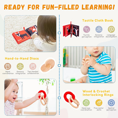 Adena Montessori Play Kit for 3-4 Months Baby,8 in 1 Wooden Learning Educational Toys for Toddler,Include Framed Mirror Book,High-Contrast Cards and More,Christmas Birthday Gift for Boys Girls