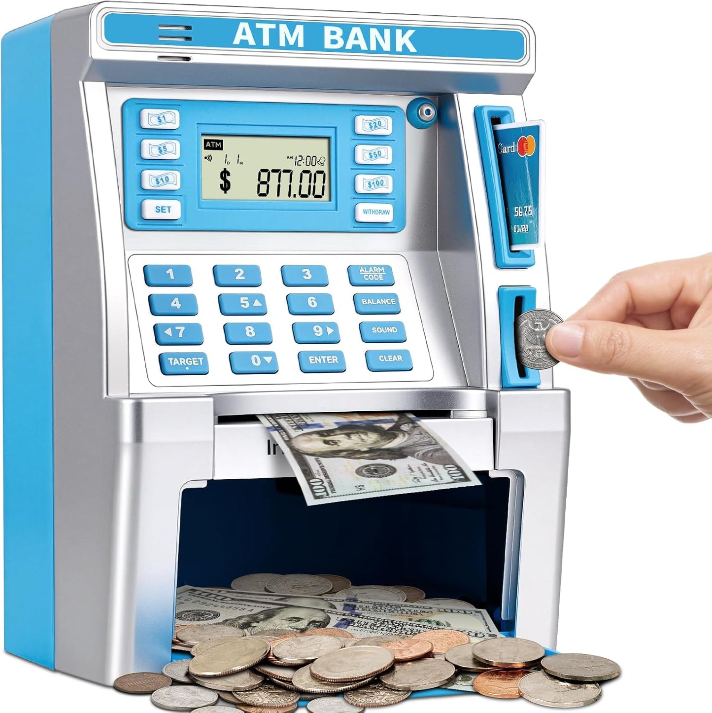 ATM Piggy Bank for Kids, ATM Machine for Real Money with Debit Card, Bill Feeder, Coin Recognition, Balance Calculator, Electronic Savings Safe Box, Gifts for Teen Boys Girls