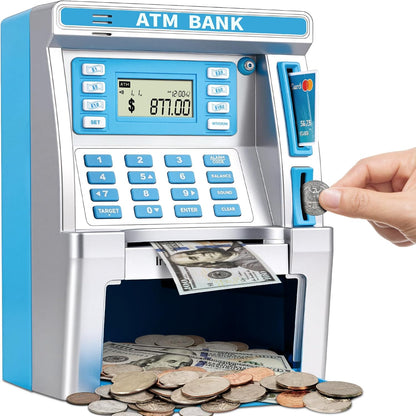 ATM Piggy Bank for Kids, ATM Machine for Real Money with Debit Card, Bill Feeder, Coin Recognition, Balance Calculator, Electronic Savings Safe Box, Gifts for Teen Boys Girls