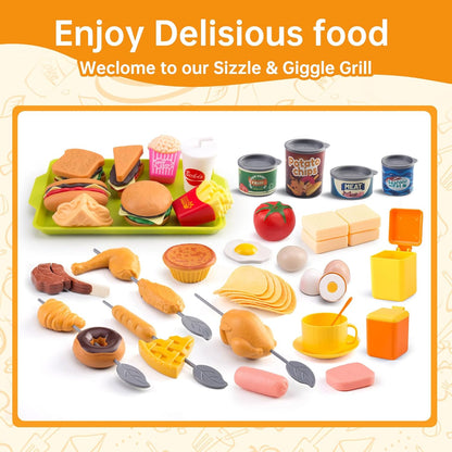 60Pcs Kids Mini Play Kitchen Accessories, Pretend Cooking Play Set with Cookware, Tableware & Fruit & BBQ Sets, Learning Gift for Boys, Girls, Toddlers,Yellow