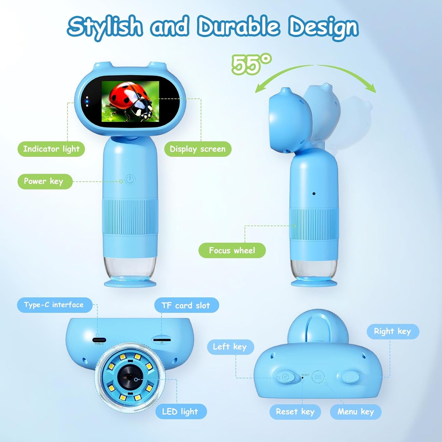 Kids Microscope 1000X Portable Microscope for Kids, Slides Digital with 2" Screen, Mini Handheld Magnifier, Pocket Coin Magnifying Glass with Light, HD 16MP Camera and 1080P Video