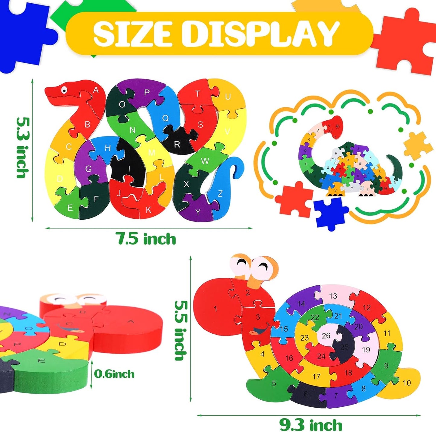 Yunsailing 4 Pcs Alphabet Jigsaw Puzzle Wooden Blocks Toys Alphabet Educational Toddler Puzzle Toys for Preschool Learning Party Favor Gift Learning (Snake, Snail, Duck, Leopard)
