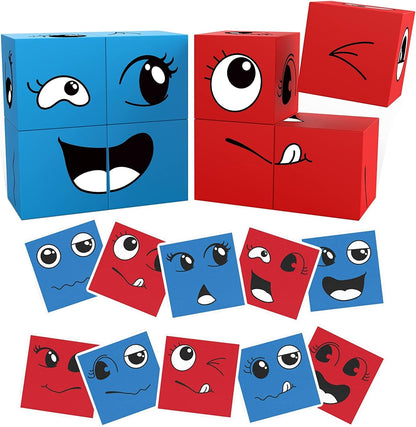 PicassoTiles Magnetic Puzzle Cube Pattern + Expression, 25pc Magic Cube Puzzles Brain Teaser Set, 8 Piece Mix & Match Magnet Construction Building Block Toy Set 36 Creative Emotion Game Card Included