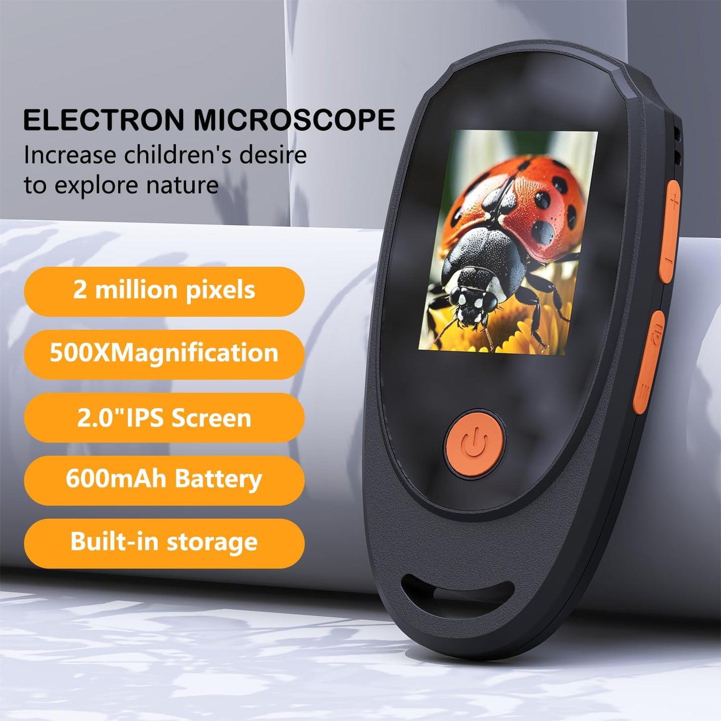 Handheld Digital Microscope with 2.0 Inch IPS Color Screen, Portable Magnifying Glass for Kids, 500x Magnification, 8 Adjustable 3-Level LED Lights, USB Compatible with PC Windows and Mac OS