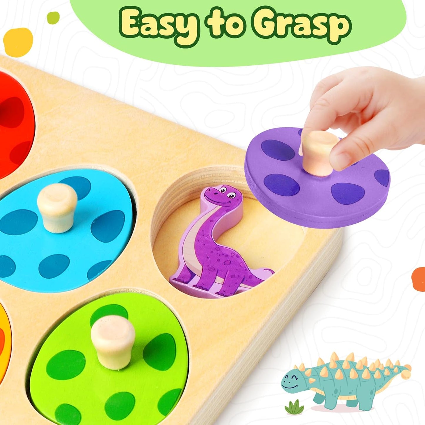 Easter Wooden Puzzles for Toddlers 1-3, Dinosaur Egg Sorting & Matching Peg Puzzle, Preschool Montessori Educational Toys for 1 2 3 Year Old Boys Girls, Easter Basket Stuffers Gifts Party Favors
