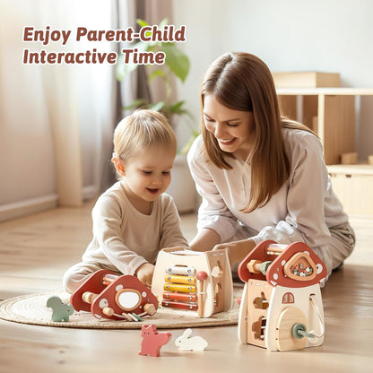 Youuys Wooden Activity Cube 9-in-1 Montessori Toys for 3+ Year Old Boys & Girls, Multipurpose Educational Sensory Learning Toys for Baby Toddlers with Mirror, First Birthday Gift (Castle)