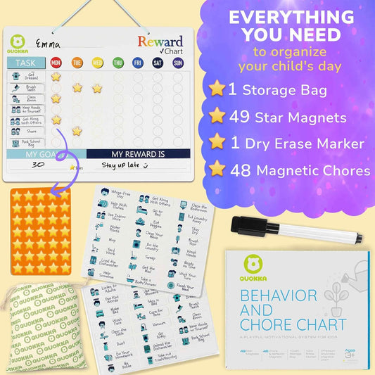 Quokka Magnetic Chore Chart for Kids Multiple Kids - Morning and Bedtime Reward Chart for Refrigerator - Daily Dry and Erase Board for Family - Includes 2 Boards and Accessories up to 4 Children