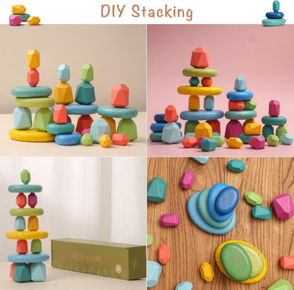 OESSUF Stacking Rocks 48Pcs Stacking Blocks Balancing Stacking Stones Wooden Building Toys Wood Stone Stacking Game for Toddler Sorting Preschool Educational Montessori Stacking Rocks for Kids