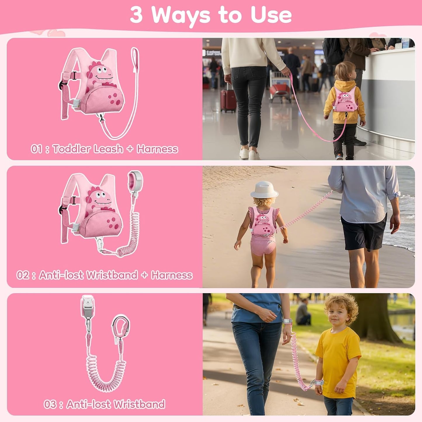 Dr.meter 3 in 1 Toddler Harness Leash + 8.2ft Anti Lost Wrist Link, Cute Dinosaur Kids Safety Harness Tether with Key Lock, Child Protective Leashes While Walking for Outdoor Activity Keep Kids Close