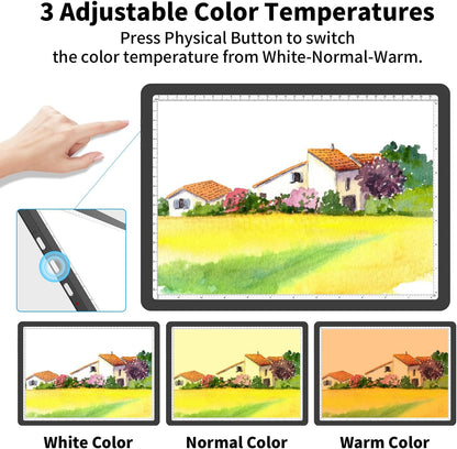 Rechargeable A3 Light Board for Diamond Painting, 5600 Lux Tracing Light Box with Side Physical Buttons, 3 Colors and 6 Levels of Brightness, LED Light Pad for Diamond Art, Drawing, Weeding Vinyl