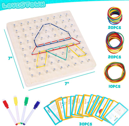 LovesTown Wooden Geoboard Montessori Toys for Kids Graphical Geo Board with Rubber Bands Educational Brain Teaser Toys for Boys Girls