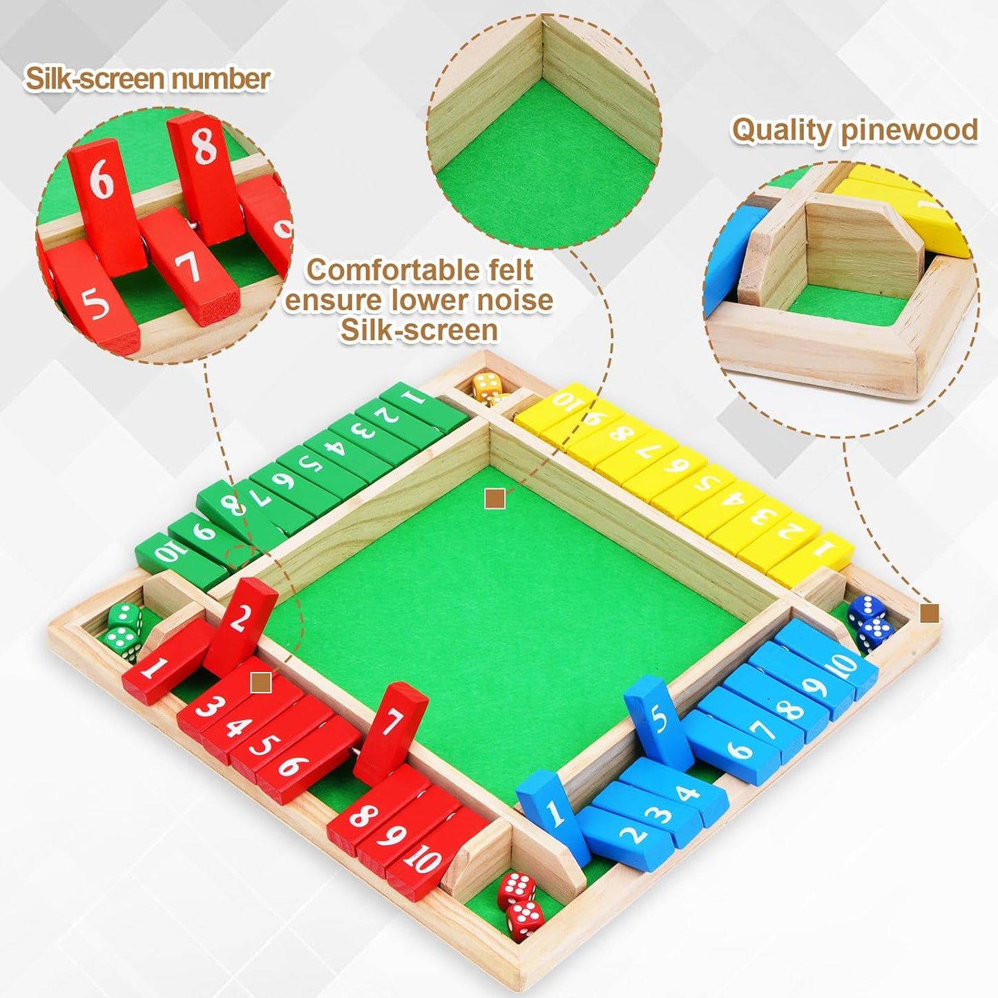 1-4 Players Shut The Box Dice Game, 10 Numbers Traditional Wooden Pub Bar Board Family Table Mat Game Dice for Adults