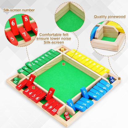 1-4 Players Shut The Box Dice Game, 10 Numbers Traditional Wooden Pub Bar Board Family Table Mat Game Dice for Adults
