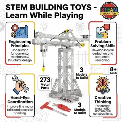 Metal Building Toys, 273pcs 3 in 1 Tower Crane & Frame Crane & Windmill Metal Model Set,Erector Sets for Boys Age 8-12,DIY Building Stem Projects Toys for Kids,Birthday Gifts for Model Crane Fan