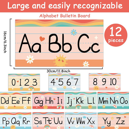 gisgfim 12 Pieces Alphabet Bulletin Board Strips Set Boho Rainbow Alphabet Line ABC Alphabet Banner & Number Border Posters for Preschool Kindergarten Classroom Playroom Bedroom (Boho)