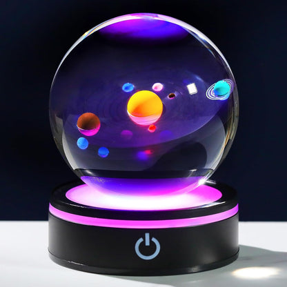 YWHL 3D Solar System Crystal Ball 80mm with Light Base, Laser Engraved Glass Planet Solar System Model Sphere Night Light Decor Space Universe Astronomy Gifts for Women Men Teens Boys and Girls