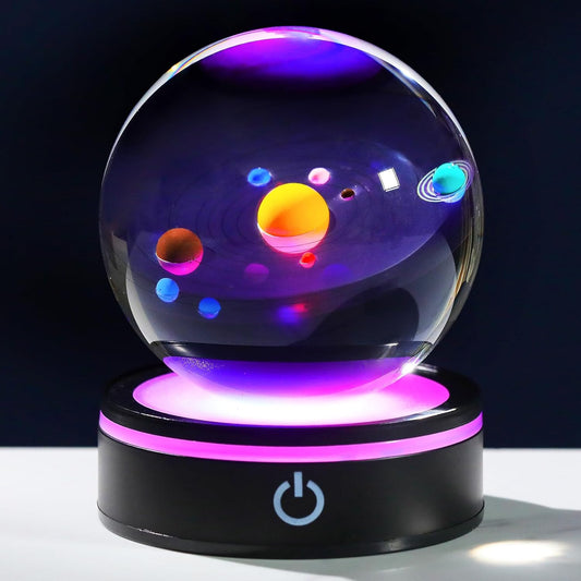 YWHL 3D Solar System Crystal Ball 80mm with Light Base, Laser Engraved Glass Planet Solar System Model Sphere Night Light Decor Space Universe Astronomy Gifts for Women Men Teens Boys and Girls