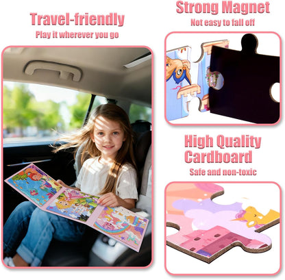 Magnetic Puzzles for Kids 3-5, 3-in-1 Princess Unicorn Mermaid Travel Puzzles for Kids Ages 4-6, Car Airplane Road Trip Activities Toys, Easter Day Gifts for Girls