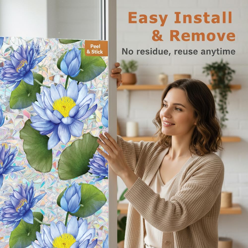 Flower Stained Glass Window Film Decorative Static Cling Stickers Sun Blocking Privacy Decals for Home Car White Lily
