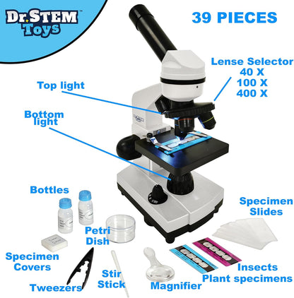 Dr. STEM Toys 39 Piece Microscope Kit for Kids with Top and Bottom Lights, Specimen Slides, 40X, 100X, and 400X Adjustable Lenses - for Kids and Schools (Ages 8+), White